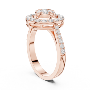 Bague de mariage pour femme en moissanite taille ronde avec double halo en grappe - Or rose sur argent, tige fendue pavée - Product Image 2