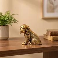 Statue de chien en laiton artisanale, petite figurine de chiot assis, finition or antique, sculpture d'animal détaillée, chien décoratif en métal