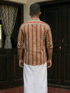 Handcrafted <b>Men</b> Rust Orange Block Printed Cotton Shirt Traditional Rajasthani Inspired <b>Stripes</b> Casual Full <b>Sleeve</b> Button <b>Top</b> - Product Image 3