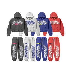 Ensemble de survêtement 2 pièces personnalisé imprimé sur toute la surface, en molleton de coton épais, effet délavé soleil, style empilé - Product Image 1