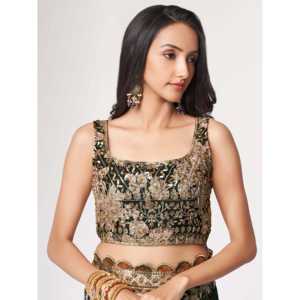 Sorprendente Sari de organza con estampado floral negro con blusa - Product Image 3