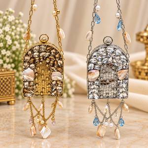 Luxury Designer Metal Oval Pearl Beaded Fashion Classic <b>Hard</b> <b>Case</b> Minaudiere with Chain Strap and <b>Shell</b> Tassels - Product Image 4