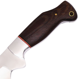 Cuchillo de caza de hoja fija plateada con mango de madera marrón oscuro y funda de cuero repujado marrón para supervivencia en campamentos al aire libre - Product Image 3