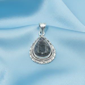 Pendentif goutte d'eau en quartz rutilé noir naturel, argent sterling 925, serti à la main, design unique, cadeau de bijoux pour femme - Product Image 3