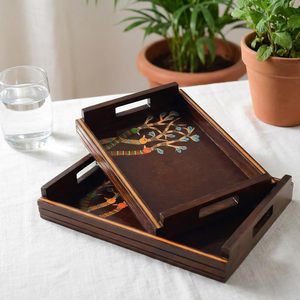 Handpainted Leaf Design Wooden Rectangular Platter Serving <b>Tray</b> Exclusive Style Decorative for Home and Restaurant Use Available - Product Image 5
