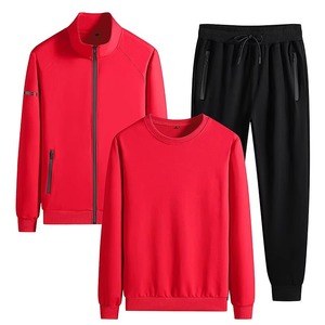 Unisex <b>Red</b> Tracksuit Set Full Sleeve Solid Color Casual Zipper Jacket Sweatshirt Black Pants Autumn Wear - Product Image 1