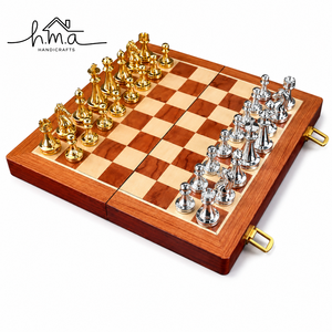 Luxury Brass <b>Chess</b> <b>Set</b> Brown Square <b>Wooden</b> Folding Board Gold and Silver Colour Handmade Royal Strategy Game Decorative Travel - Product Image 1