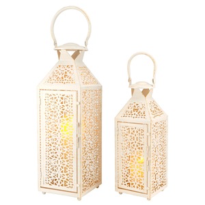 Decorative Antique Style White <b>Square</b> Metal Lanterns With Laser Cut Design For Home Decoration - Product Image 3