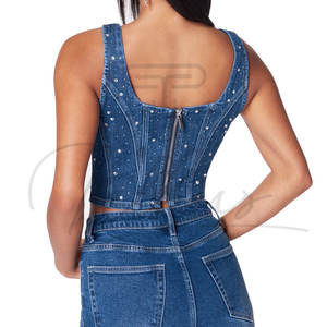Tops en jean pour femmes de haute qualité, tendance et ornés de strass, vente en gros, design et logo personnalisés. - Product Image 3