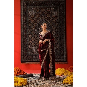 Exclusive Designer 9000 <b>Velvet</b> Fabric Sequence Zari Thread Embroidery Work Border Unstitched Washable Bollywood Wedding <b>Saree</b> - Product Image 1