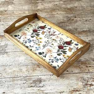 Plateau de service en bois naturel, plateau de service en bois avec motif floral, rectangulaire, style campagne française, plateaux de rangement pour la table - Product Image 6