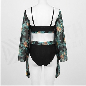 Conjunto de bikini tipo kimono de gasa con estampado floral para mujer, cuello cuadrado, cintura alta, traje de baño de dos piezas con detalle drapeado - Product Image 2