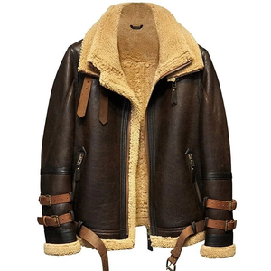 Chaqueta de Cuero Genuino Marrón para Hombre con Forro de Sherpa, Estilo Motero, Cuello Camisero, Cierre de Cremallera, Abrigo de Invierno - Product Image 1