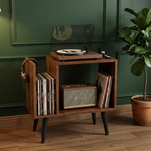 Console moderne du milieu du siècle en noyer avec rangement en vinyle et étagère tournante, meuble de salon - Product Image 5