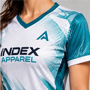 Camiseta de Fútbol para Mujer INDEX APPAREL, Manga Corta, Estampado Sublimado, Absorbe la Humedad, Patrón Geométrico, Azul y Blanco, Corte Atlético - Product Image 6