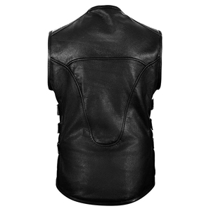 Chaleco de Cuero Genuino para Hombre, Estilo Motociclista, Cuello Alto, Cierre de Cremallera, Color Sólido, Largo Regular - Product Image 3