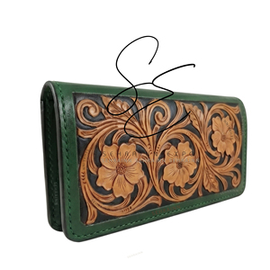 SEHRAINN Leather Women Clutch Floral Embellished Vintage <b>Green</b> Wallet All Seasons Daily Use Tooled Leather Floral Design <b>Purse</b> - Product Image 2