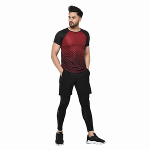T-shirt à manches raglan pour homme, imprimé géométrique, séchage rapide, coupe ajustée, sportif, col rond, noir et rouge, en polyester tricoté, pour l'entraînement - Product Image 2