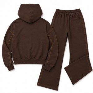 Brown Womens Zip Hoodie Jogger Tracksuit Contrast Stitch Detail Cropped <b>Top</b> <b>Layered</b> Look Casual Streetwear Custom OEM Wholesale - Product Image 4