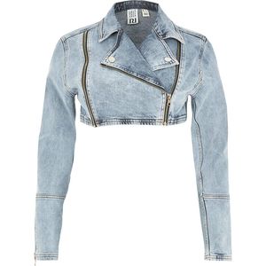 Blouson biker en jean bleu délavé pour femme, léger, zippé, style streetwear, pour l'automne - Product Image 5