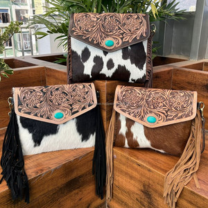 Hot Selling Hand Tooled Leather Fringe Crossbody Bag Cowhide Turquoise <b>Stone</b> Shoulder Bag Western Leather Envelope Women Purse - Product Image 4