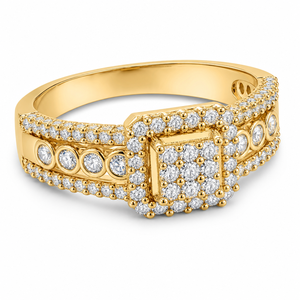 <b>Vintage</b> Square Halo Lab Grown Diamond Cluster <b>Ring</b> Multi-Row Bezel Set Rhodium Plated 14KT Yellow <b>Gold</b> IGI Certified <b>Ring</b> - Product Image 1
