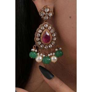 Collar tipo gargantilla con forma de pera, conjunto de collares de latón para fiestas, aniversarios indios, compromisos, regalo con perlas verdes y blancas colgantes - Product Image 3