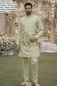 Royal Peacock <b>Blush</b> Bandhani Traditional Floor-Length Malai Satin Regular Fit Men's Kurta Set for Party Occasions Quick Dry - Product Image 3