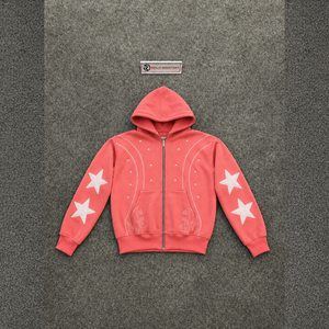 Sudadera con Capucha para Hombre, Color Coral, con Cierre, Estampado de Estrellas y Adornos de Diamantes de Imitación, Estilo Casual, Holgada, para Invierno - Product Image 5