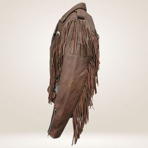 Men's Brown Leather <b>Biker</b> <b>Jacket</b> with Fringe Tassels Turn-down Collar Zipper Closure Regular Fit Autumn Style - Product Image 6
