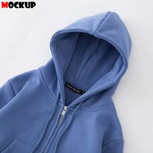 Sweat à capuche court bleu unisexe à fermeture éclair, coupe classique, couleur unie, avec poche, en molleton bouclette, décontracté, pour l'automne - Product Image 3