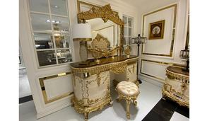 Juego de Dormitorio de Lujo de Madera de Teca Sólida Estilo Mid-Century para Apartamento, Cama King Tallada en Oro con Armario, 2 Mesitas de Noche y Tocador - Product Image 5