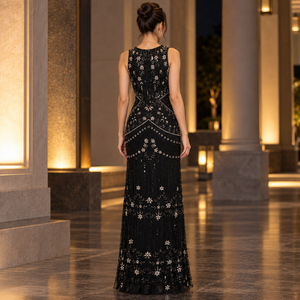 Floral Sequin Black Evening Dress Round Neck Sleeveless | 3D Embellished <b>Floor</b> <b>Length</b> Column Silhouette Formal Party Sheath <b>Gown</b> - Product Image 4