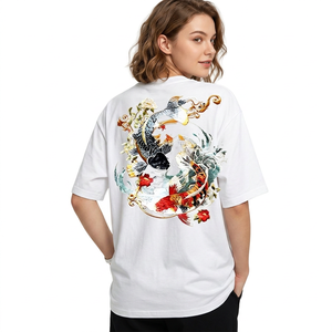 Camiseta Blanca de Manga Corta para Hombre, Estampado de Peces Koi y Flores, Cuello Redondo, Corte Holgado Informal, 100% Algodón, Transpirable, Diseño Tejido Bordado - Product Image 4