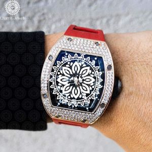 Charm_Jewels Luxury Men's Yellow Gold <b>Diamond</b> <b>Watch</b> 43mm Polygon Analog Mechanical ETA Movement Red Rubber Band - Product Image 3