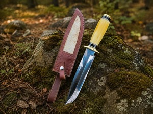 Couteau de camping artisanal personnalisé, manche en os de chameau, lame à pointe clip, acier inoxydable 0,5 mm, étui en cuir inclus - Product Image 1