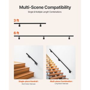 Pasamanos de escalera montado en la pared de aluminio negro de 6 pies Balaustradas y pasamanos para interiores y exteriores - Product Image 5