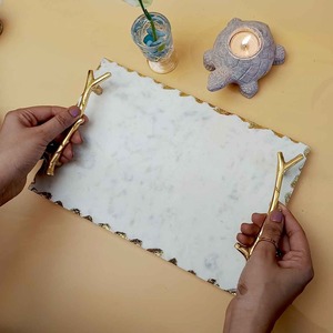 New Rectangular White Stone Tray With Tree Stem Designed Golden Handle For Table <b>Decoration</b> And Kitchen Use - Product Image 4