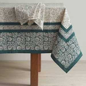 Nappe en coton imprimée à la main, motif floral vert sarcelle, rectangulaire, avec bordure, style indien Jaipur, vente en gros - Product Image 1
