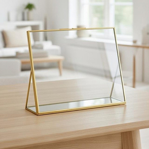 <b>Rectangular</b> Glass <b>Mirror</b> Frame With Brass Trim Tabletop Horizontal Reflective Design Clear Glass <b>Gold</b> Finished Home Office Deco - Product Image 1