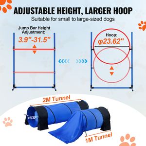 Set di Attrezzature per Allenamento Agility Cani 7 Pezzi: Ostacoli Regolabili, 6 Pali per Guado, 2 Tunnel, Anello per Salto, Pause Box, Fischietto - Product Image 4