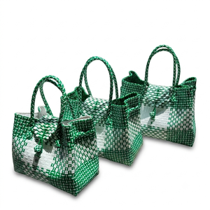 Summer Fashion <b>Hand</b> Woven Bag Green And White Gingham Checkerboard Plaid Pattern Secure Button Loop Closure For Women - Product Image 4