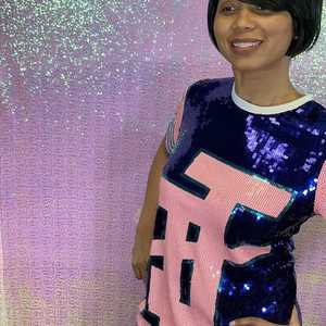 Jack and Jill Sequin Jersey Dress Adult Sparkly Short Sleeve <b>Glitter</b> Party Outfit Pink <b>Blue</b> Color block Fashion Tunic Top - Product Image 2