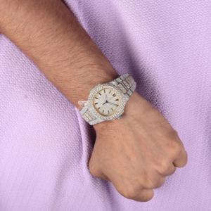 Luxury Moissanite Diamond Iced Out <b>Watch</b> White Yellow Two Tone Hip Hop Stick DIal Stainless Steel Autoamtic <b>Mens</b> WristWatch - Product Image 3