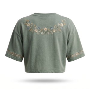เสื้อครอปคอกลมลายดอกไม้ เสื้อยืดแขนสั้นถักนิตติ้งลำลองสำหรับผู้หญิง สีเอิร์ธโทน ODM OEM - Product Image 5
