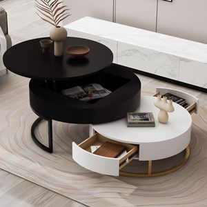 Modern Nesting Round <b>Lift</b>-top Coffee Tables with 2 Drawers White and Black Color - Product Image 5