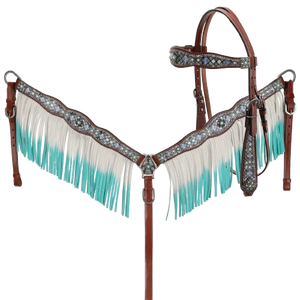Blue Diamond Browband Headstall White to Blue Fringe Breast Collar and Reins Western Horse Tack Set Premium Handmade Genuine - Product Image 1