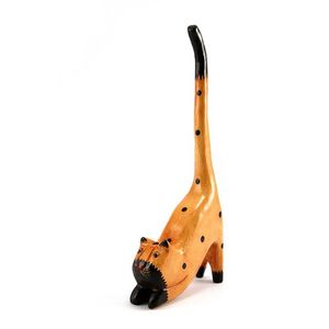 Figura de Gato Hecha a Mano en Madera de Albizia, Color Marrón con Puntos Negros, Cola Levantada en Pose de Salto, Decoración Rústica para el Hogar, Estatuas de Arte Animal, Adorno, Regalo - Product Image 1