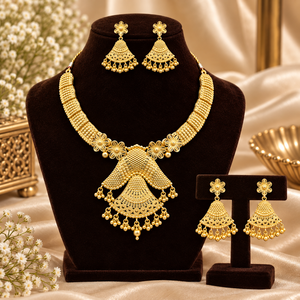 Designer 24K Gold Polish Copper Brass Necklace <b>Set</b> | Floral Jhumka Pendant <b>Jewelry</b> | Traditional <b>Bridal</b> & Wedding Necklace <b>Set</b> - Product Image 1