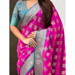 Sari en soie douce violette Elite Weaves, tissé en zari, ikkat patola, avec des tissages contrastés, robes de soirée élégantes, 600g - Product Image 2